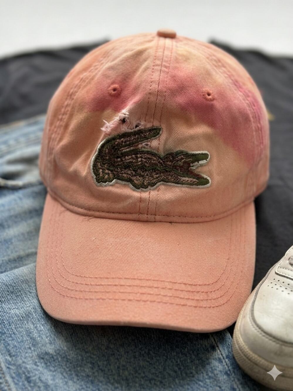 Lacoste Big Croc Distressed Faded Cotton Strapback Baseball Hat Peach Pink